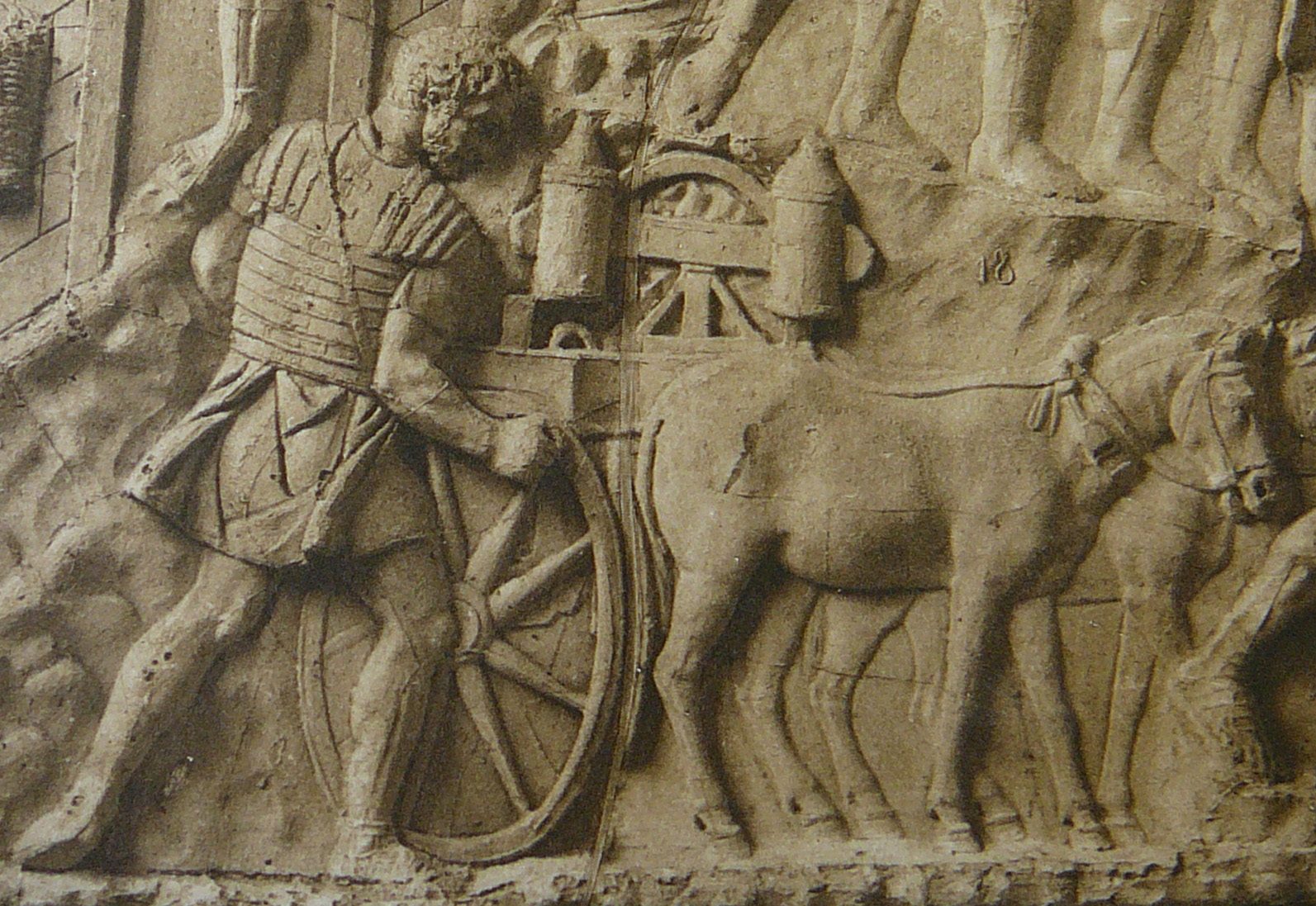 A Roman carroballista, a cart-mounted torsion catapult drawn by mules, carved on Trajan's Column and reproduced as a plate in Conrad Cichorius's 1896 survey of the reliefs