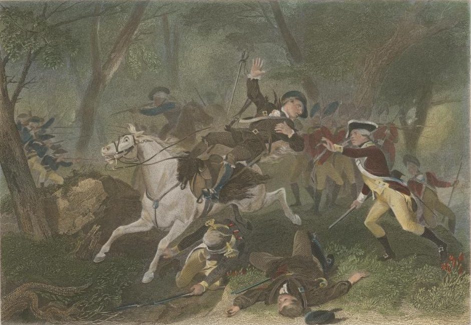 Alonzo Chappel's 19th-century engraving depicting the death of Maj. Patrick Ferguson at the Battle of Kings Mountain, October 7, 1780