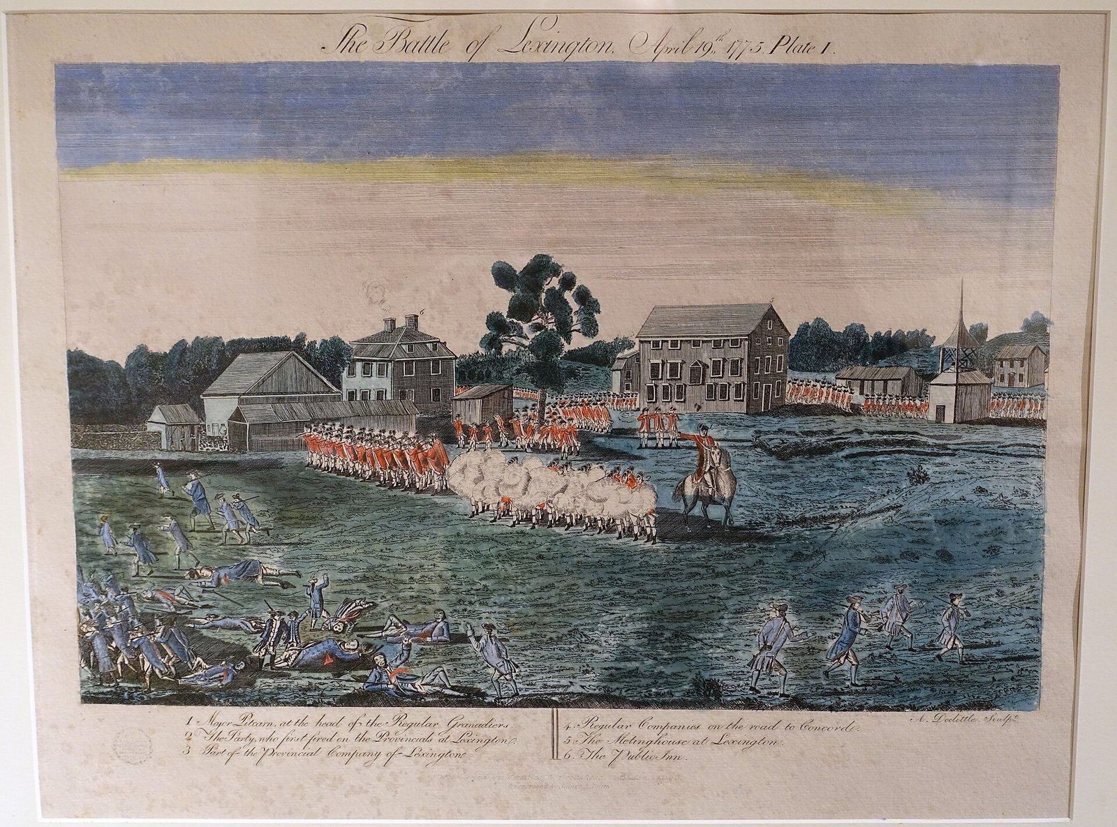 Amos Doolittle's 1775 engraving of the Battle of Lexington, showing a British line firing a volley while militiamen scatter across the town green