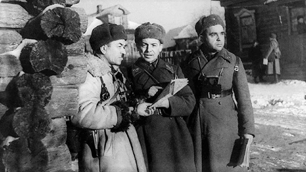 General Ivan Panfilov, his division's chief of staff, and commissar Sergei Yegorov standing together in a snow-covered village near Moscow, winter 1941
