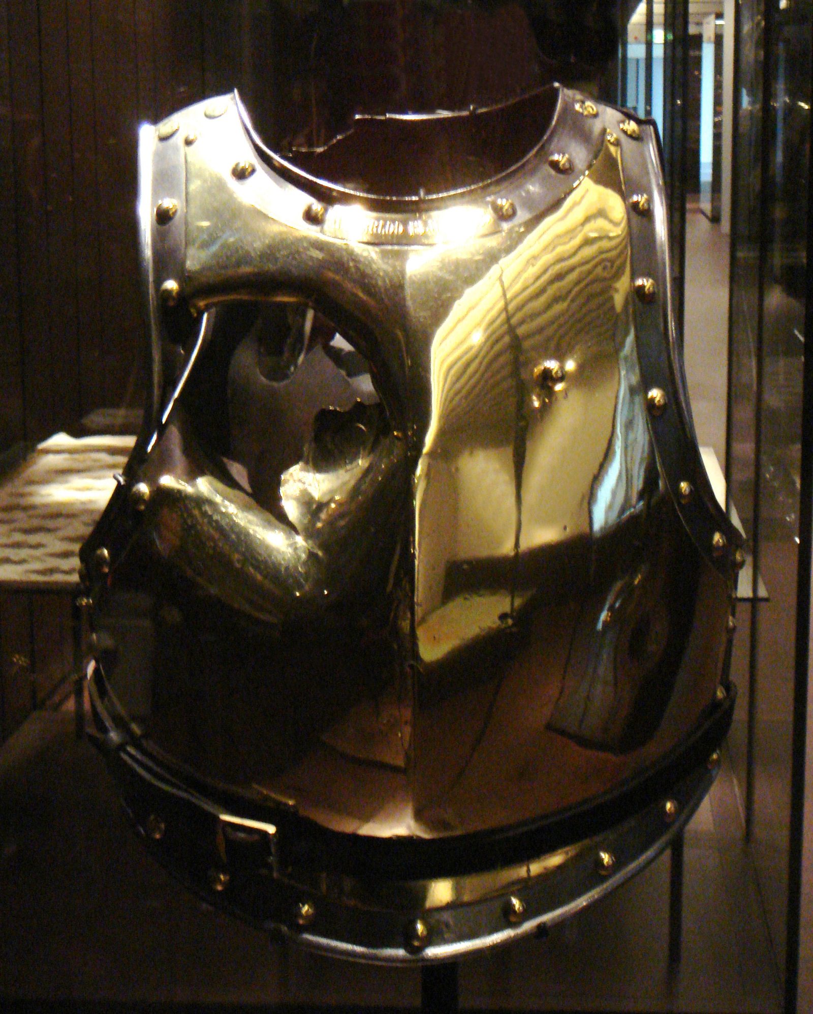 The cuirass of French carabinier François-Antoine Fauveau, killed at Waterloo on June 18, 1815, showing a cannonball hole punched through the breastplate