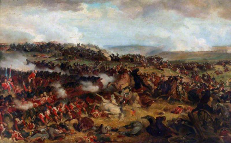 19th-century oil painting by Henri Félix Emmanuel Philippoteaux depicting British infantry squares holding against a charge by French cuirassiers at the Battle of Waterloo