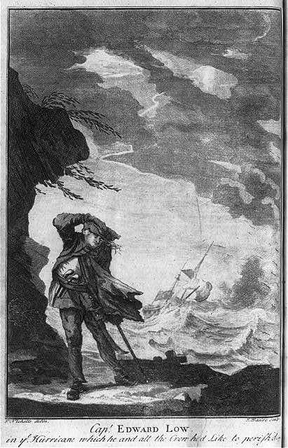 1734 engraving titled Capt. Edward Low in a hurricane which he and all the crew had like to perished, showing his ship in a storm