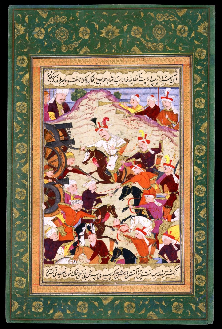 A late-17th-century Persian miniature painting by Mu'in Musavvir depicting Shah Ismail I at the Battle of Chaldiran in 1514