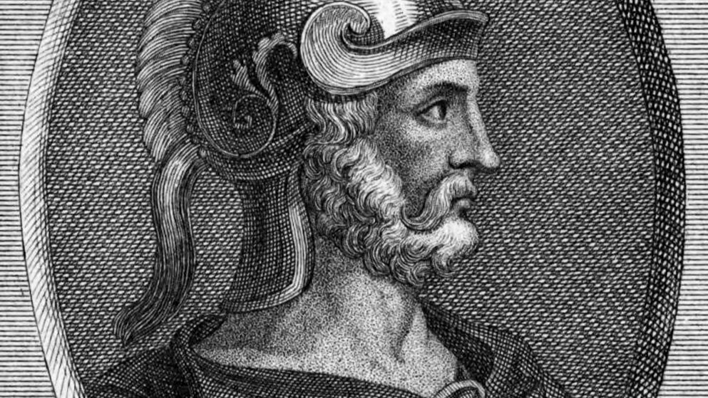 An 1833 engraved portrait of Hamilcar Barca shown in profile wearing a plumed Roman-style helmet, from a German biographical print gallery