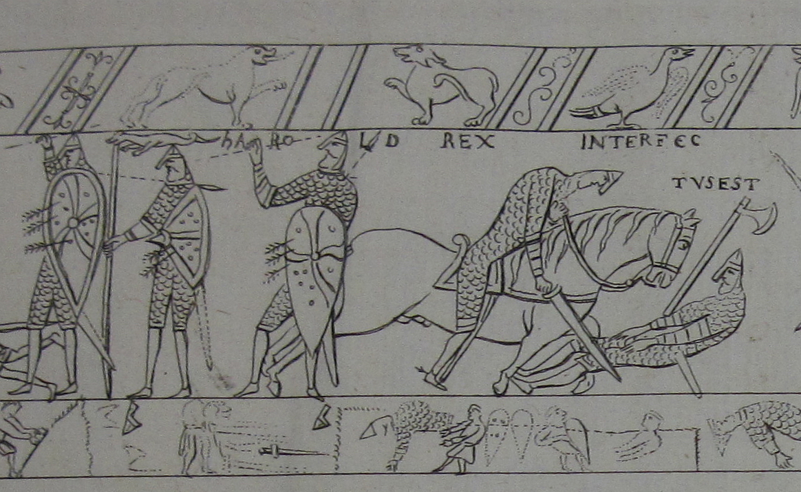 Line engraving of the Bayeux Tapestry death scene, with a mail-clad figure raising a hand beside a mounted knight cutting down a fallen man, under the letters HAROLD REX INTERFECTUS EST
