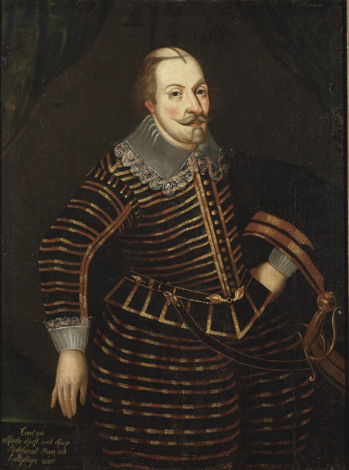 17th-century oil portrait of King Charles IX of Sweden, standing in dark court dress, held by the Nationalmuseum in Stockholm