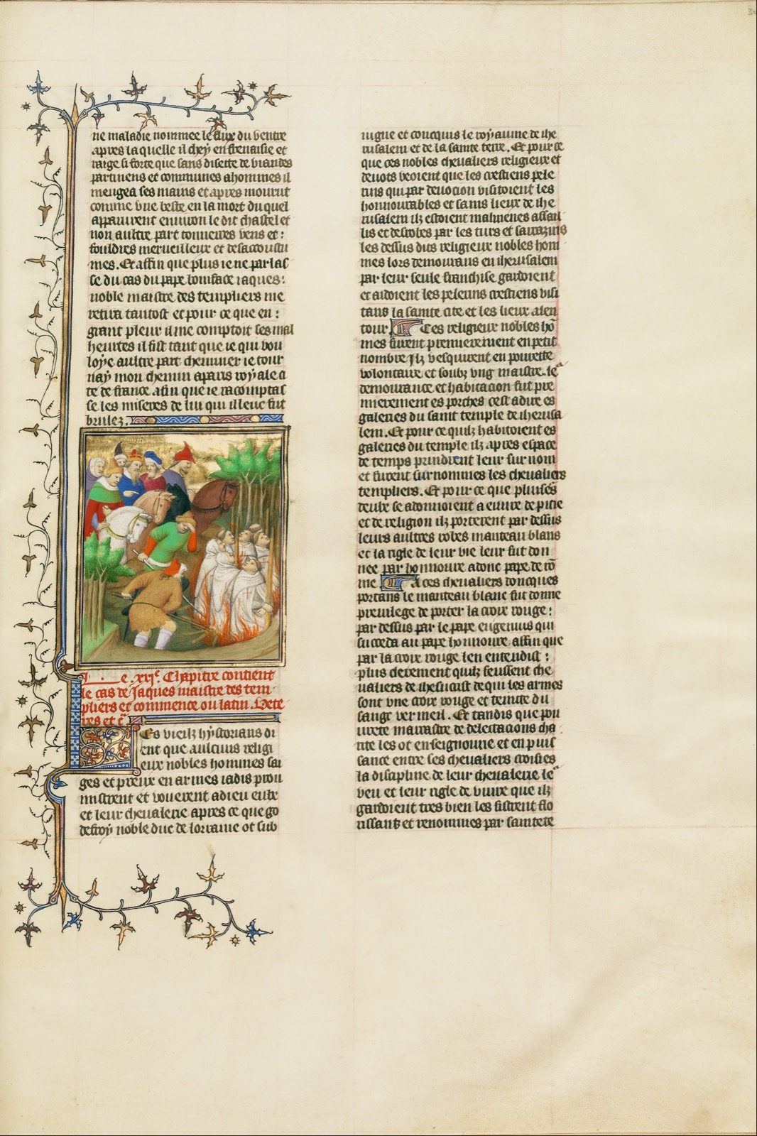 A 15th-century manuscript illumination by the Boucicaut Master depicting the burning of the Knights Templar in the presence of King Philip the Fair and his courtiers