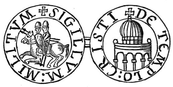 A wax seal impression of the Knights Templar showing two knights mounted on a single horse, the order's best-known symbol