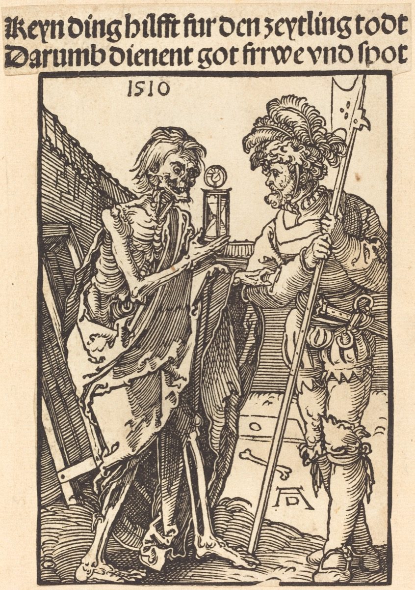 Albrecht Dürer's 1510 woodcut "Death and the Lansquenet," showing a Landsknecht pikeman confronted by a skeletal figure of Death