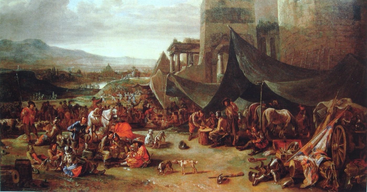A 17th-century painting by Johannes Lingelbach depicting the sack of Rome in 1527, with imperial troops and burning buildings in the foreground
