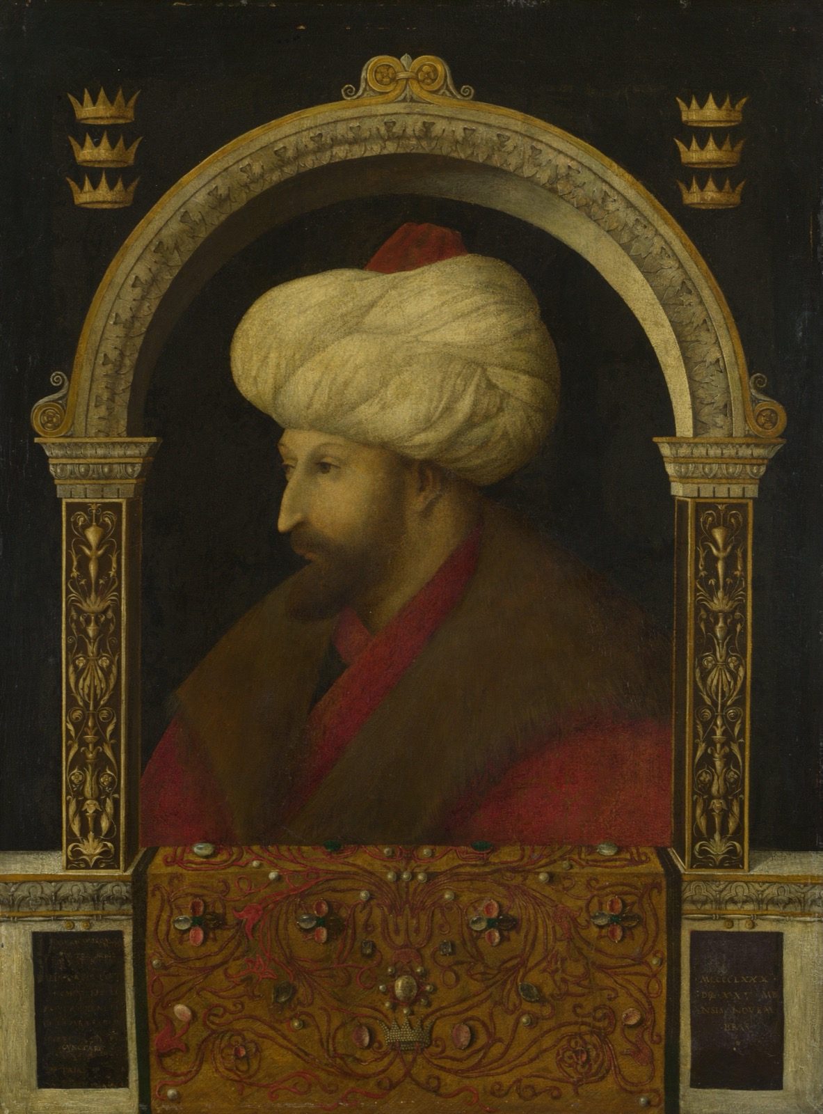 Gentile Bellini's 1480 portrait of Sultan Mehmed II, painted from life two years before the artist's death, showing the sultan in profile beneath an arch flanked by ornamental crowns