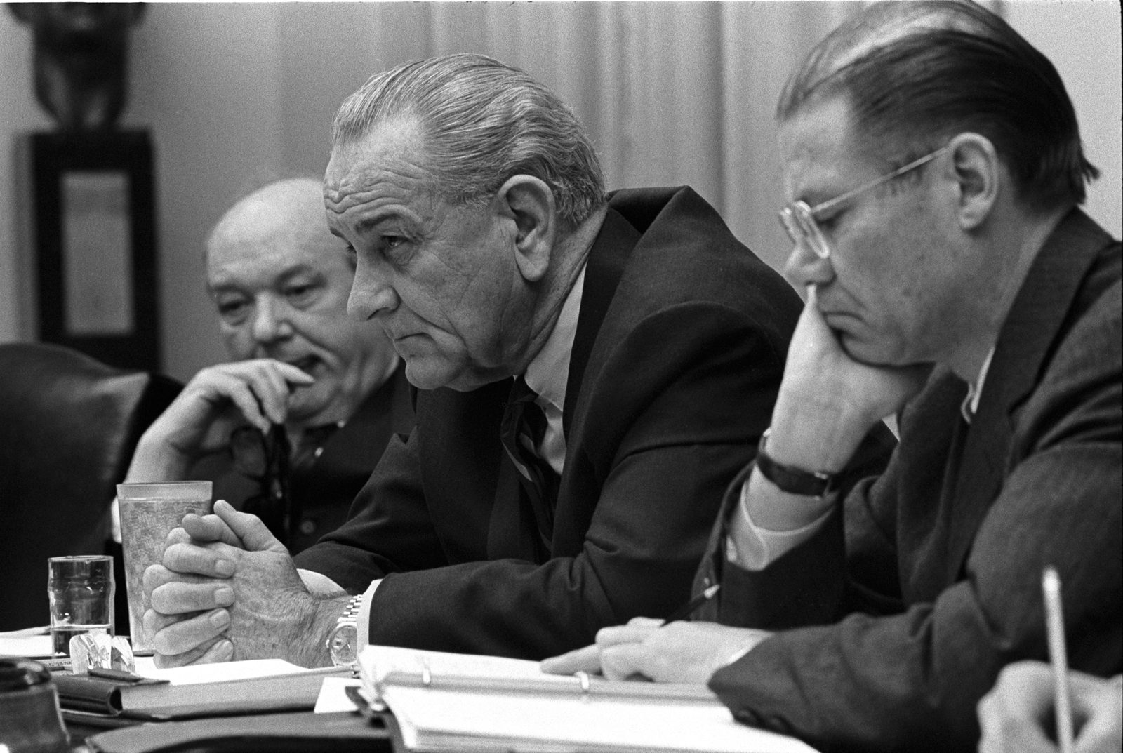 Secretary of State Dean Rusk, President Lyndon B. Johnson, and Secretary of Defense Robert McNamara meeting in the White House Cabinet Room, February 1968