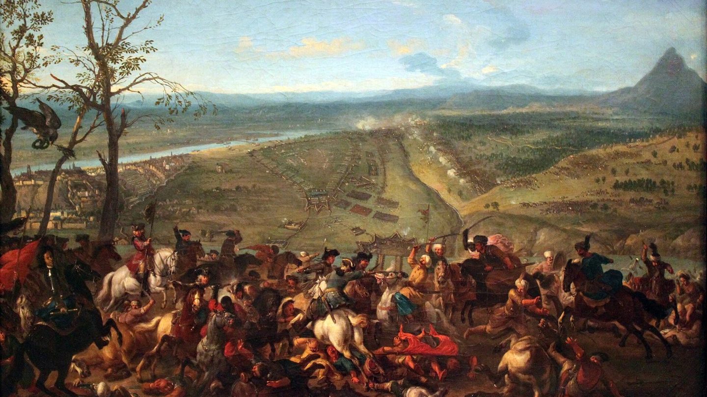 A 1720 oil painting by Jan van Huchtenburgh of the fight before Belgrade in 1717, with a cavalry melee in the foreground and a river valley behind