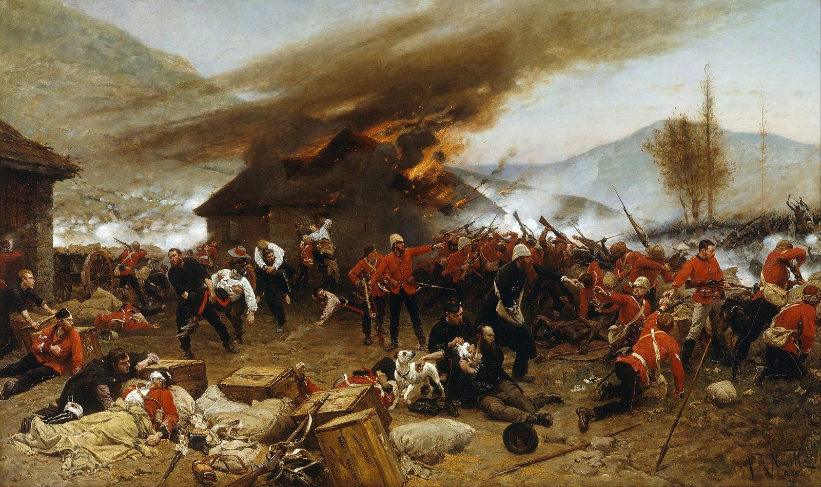 Alphonse de Neuville's 1880 painting The Defence of Rorke's Drift, showing British soldiers firing over a barricade of mealie bags and biscuit boxes at night