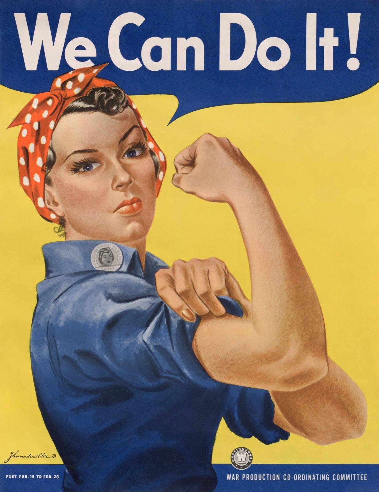 Restored 1943 "We Can Do It!" poster by J. Howard Miller, showing a woman in a red bandana flexing her arm