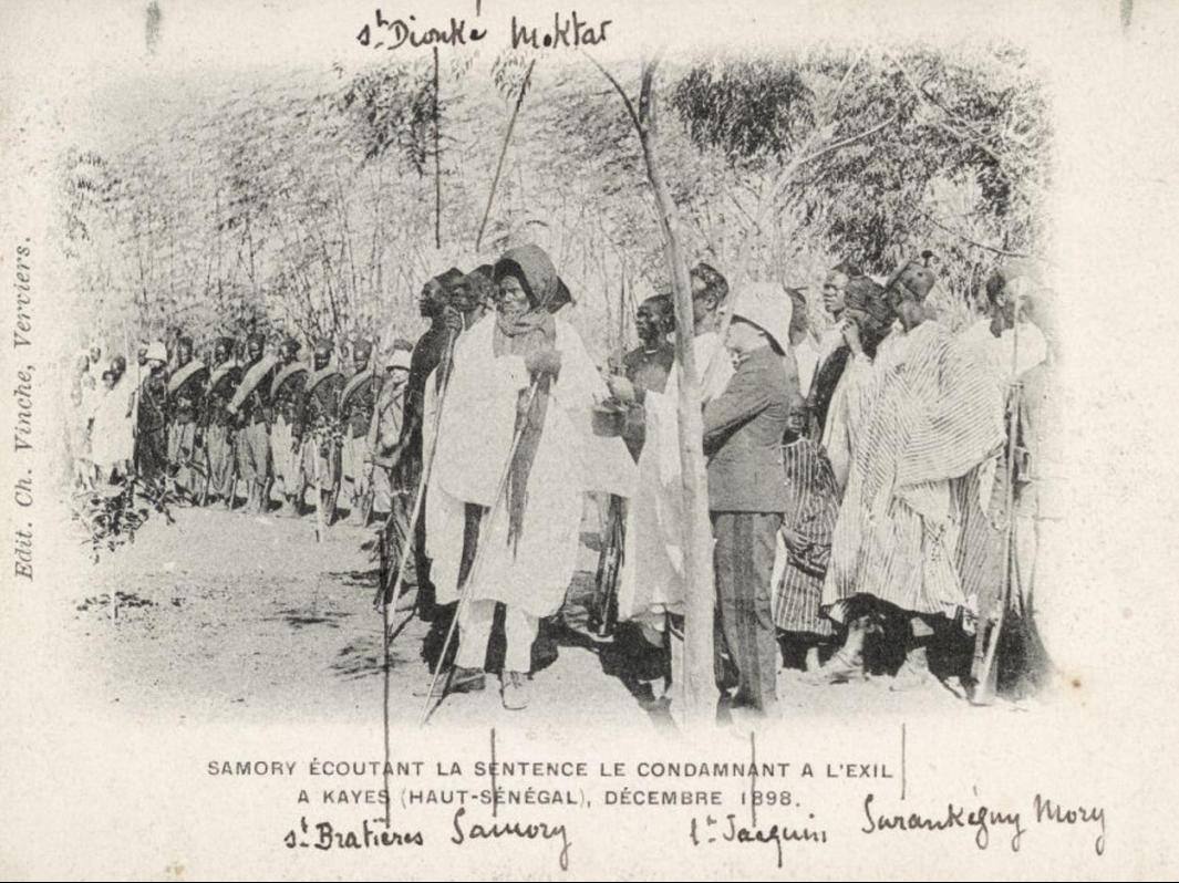 Samori Ture listening to the sentence condemning him to exile, photographed at Kayes in December 1898