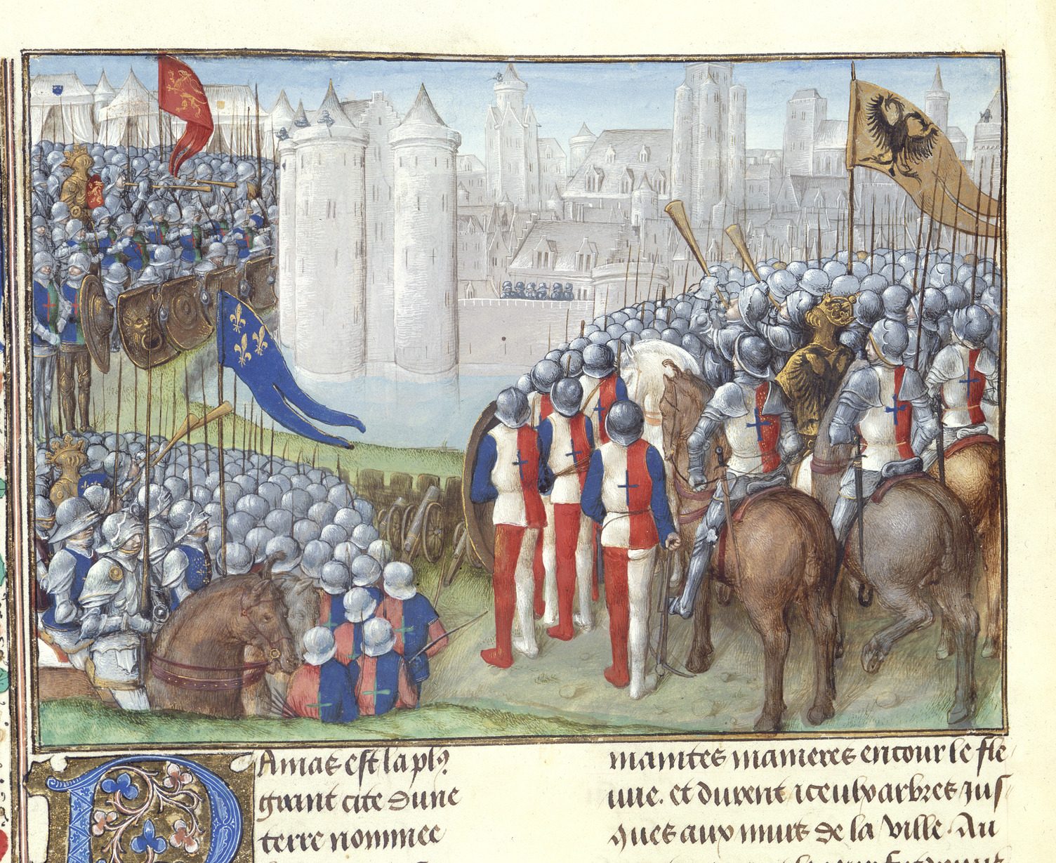 Late medieval manuscript miniature showing crusader armies besieging Damascus in 1148