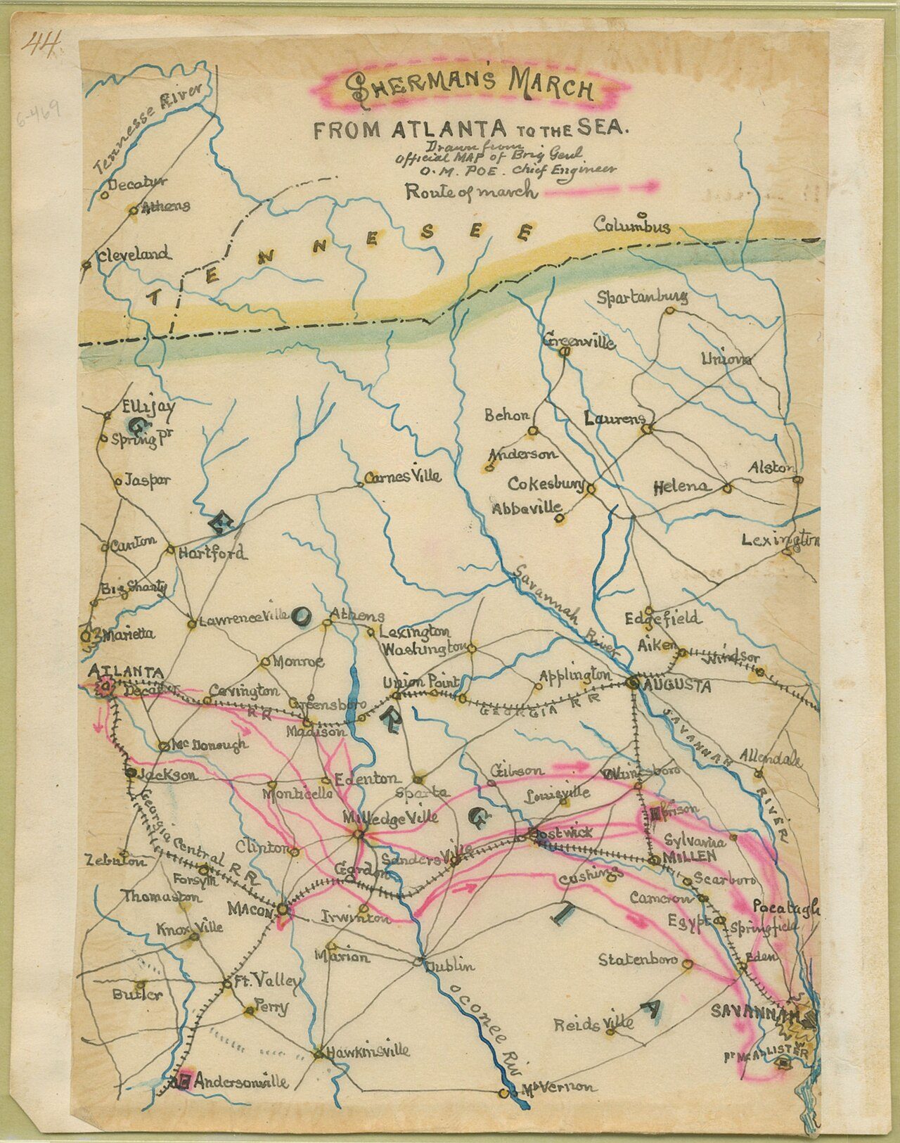 1864 map of Sherman's march from Atlanta to the sea, drawn from the official Union Army map by Brig. Gen. O.M. Poe, Chief Engineer