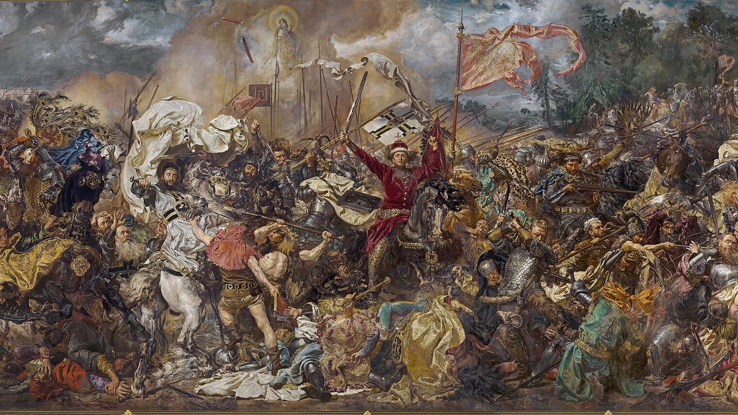 Jan Matejko's 1878 painting of the Battle of Grunwald, a dense crowd of knights, banners and horses filling the canvas