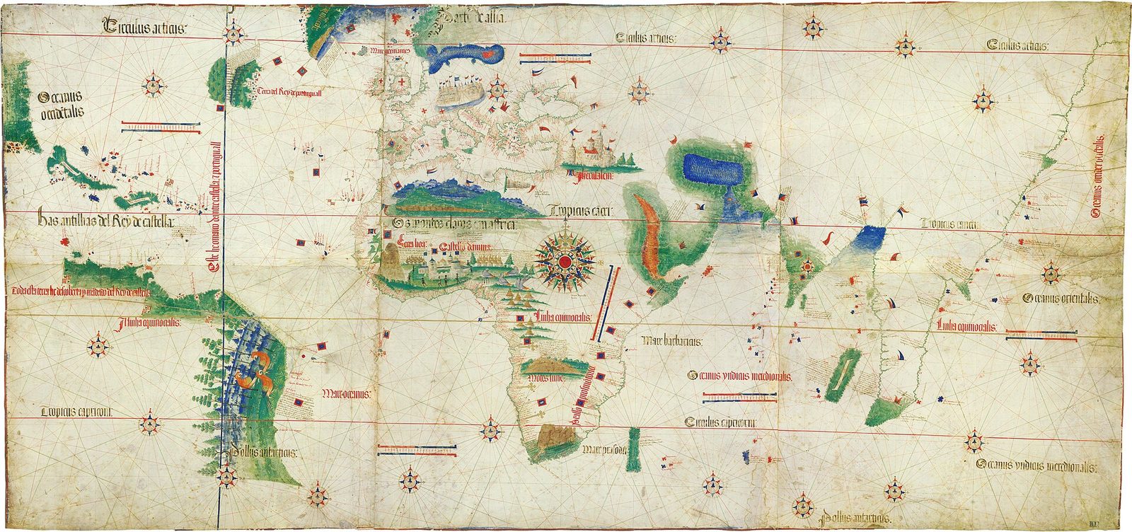 The 1502 Cantino planisphere, a Portuguese world map that draws the Tordesillas meridian as a vertical line down the Atlantic, placing the newly charted Brazilian coast on the Portuguese side of it