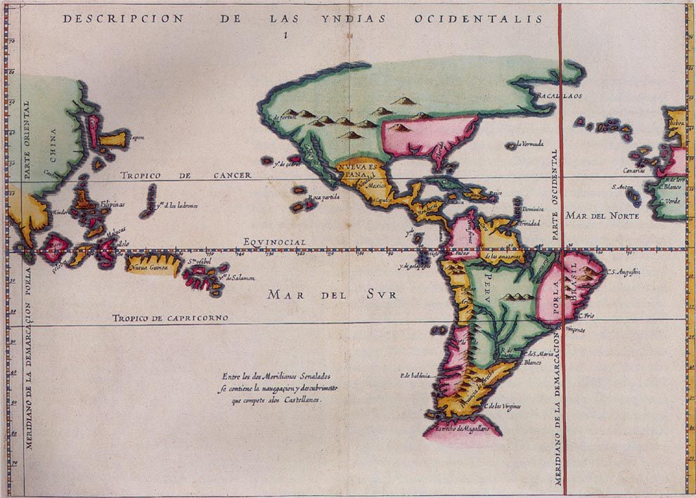A 1622 map by Antonio de Herrera y Tordesillas showing the meridian line established under the Treaty of Tordesillas