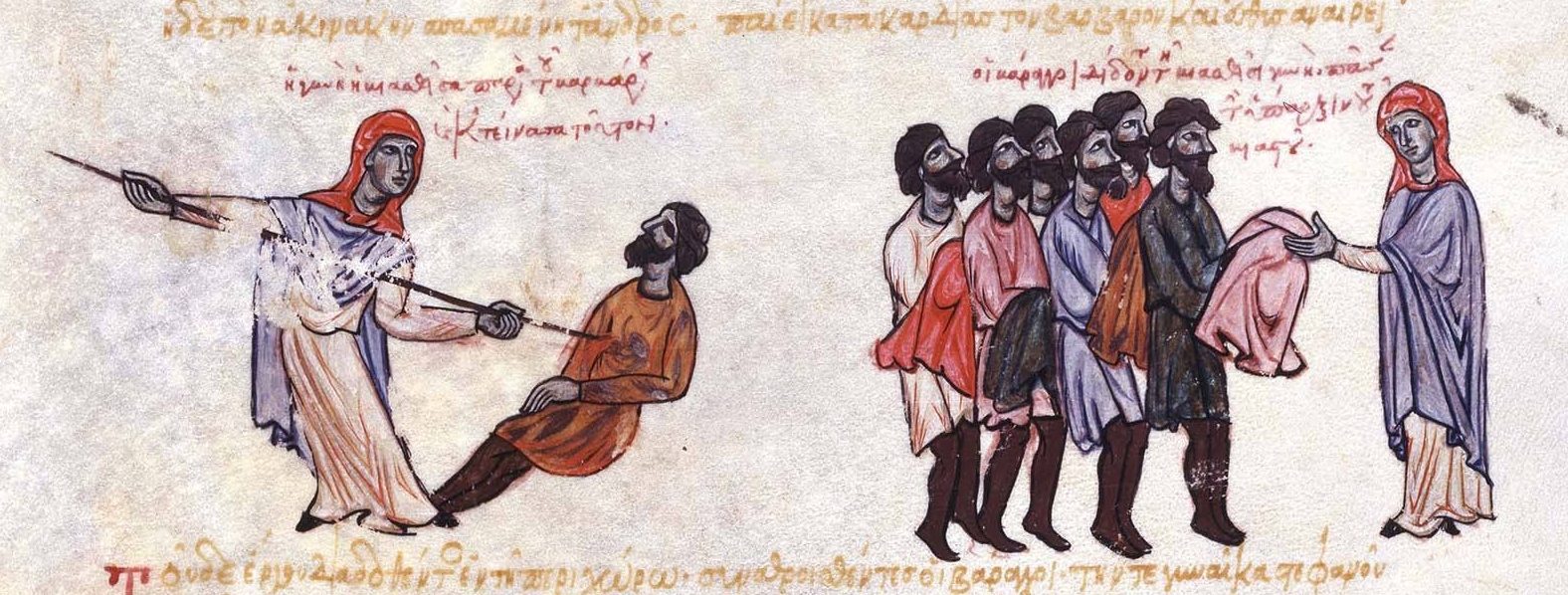 12th-century Madrid Skylitzes manuscript miniature showing a Thracian woman killing a Varangian guardsman with his own sword, and his comrades surrendering his belongings to her