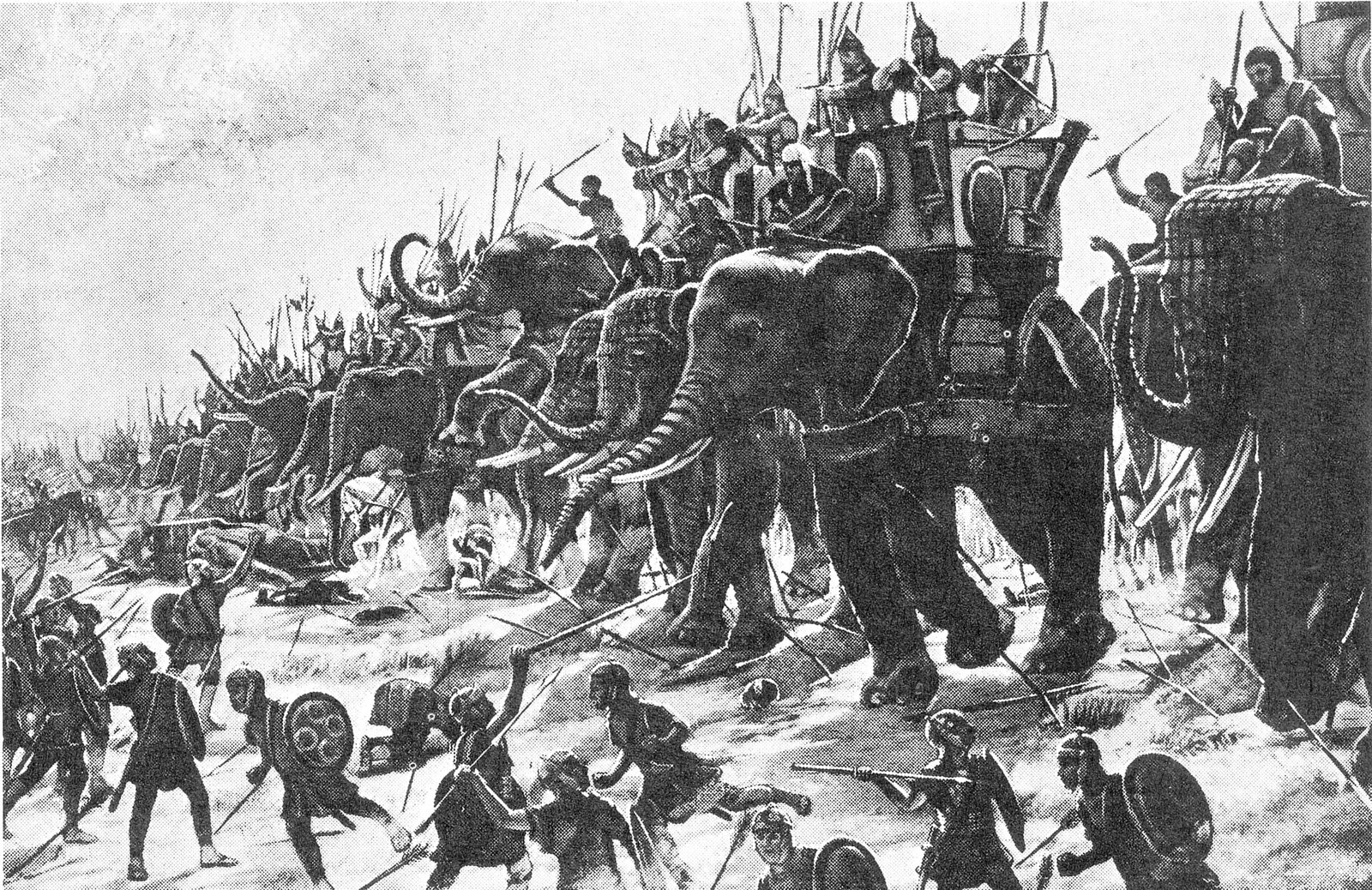 An 1890 oil painting by Henri-Paul Motte showing Carthaginian war elephants advancing against Roman infantry at the Battle of Zama, 202 BCE