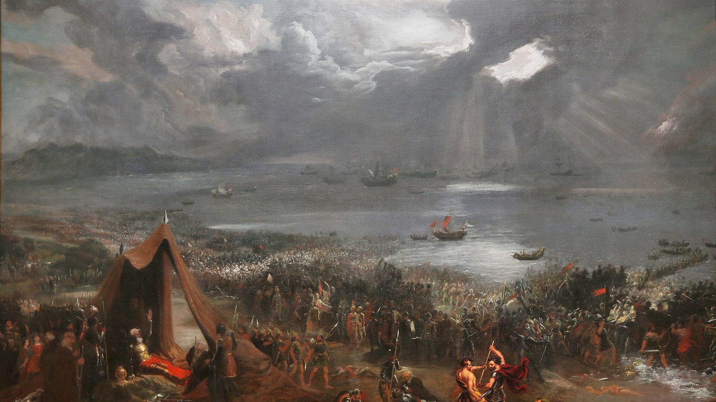 Hugh Frazer's 1826 oil painting of the Battle of Clontarf, showing a crowded shoreline melee between armoured fighters