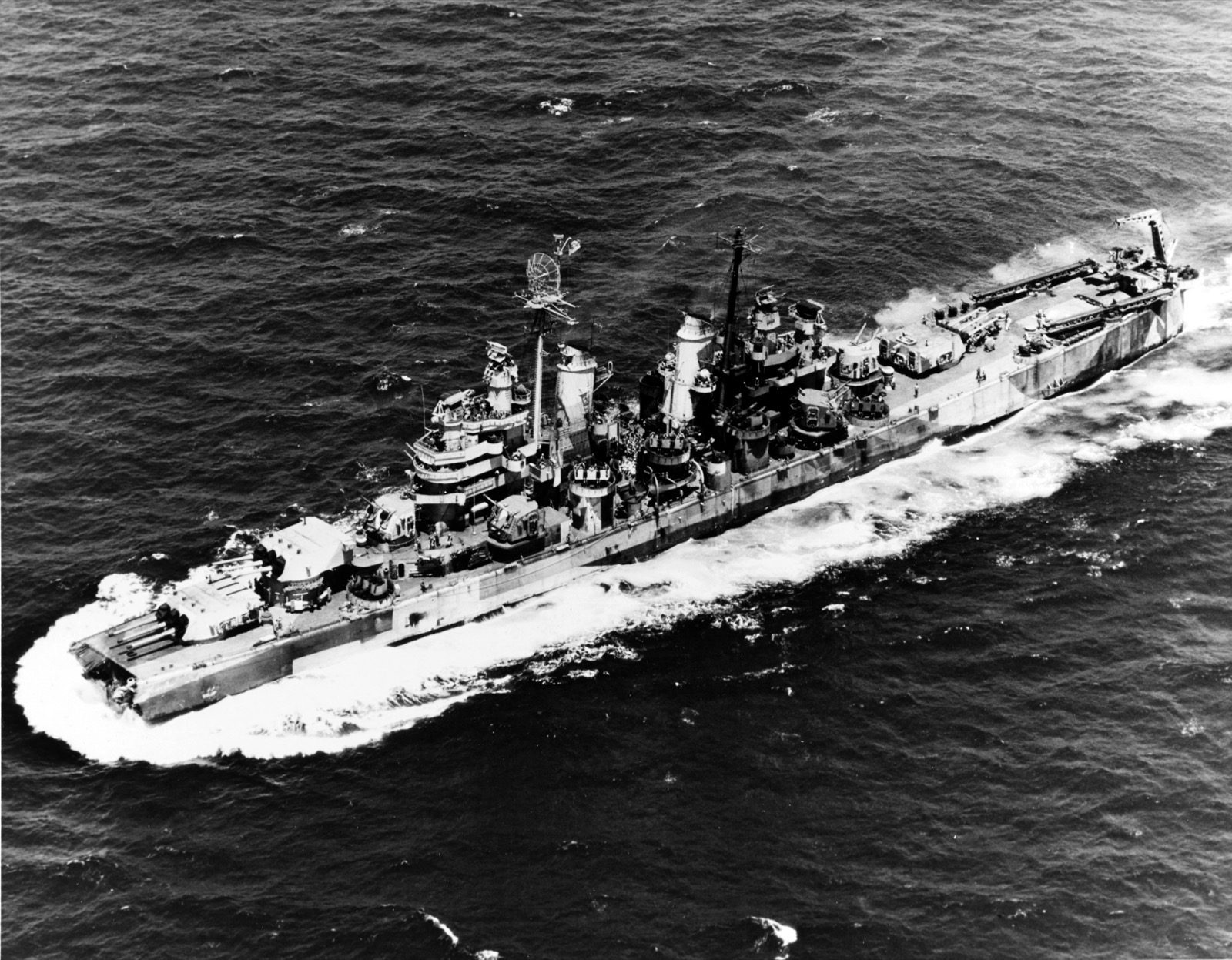 The heavy cruiser USS Pittsburgh underway with her bow missing, photographed in June 1945 shortly after Typhoon Connie sheared it off