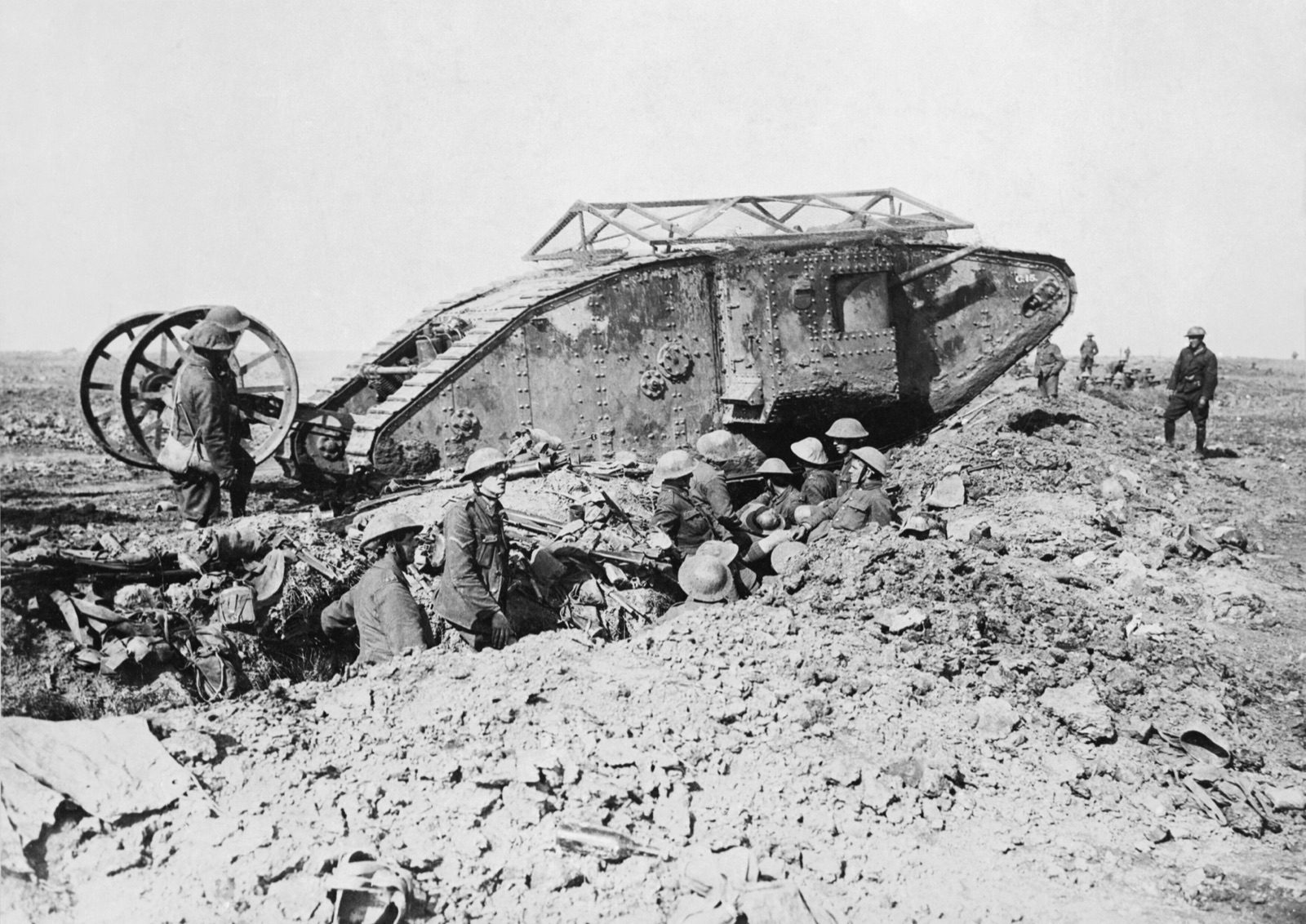 A British Mark I tank near Thiepval on the Somme, photographed by official war photographer Ernest Brooks on 25 September 1916, ten days after tanks first went into combat at Flers-Courcelette