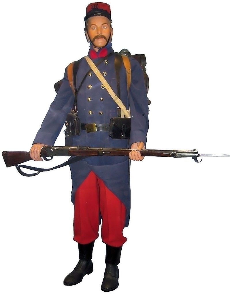 French infantry uniform of 1914, showing the red trousers, red kepi, and blue tunic worn essentially unchanged since the 19th century
